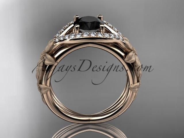 14kt rose gold diamond leaf and vine wedding ring, engagement ring with Black Diamond center stone ADLR85 - AnjaysDesigns