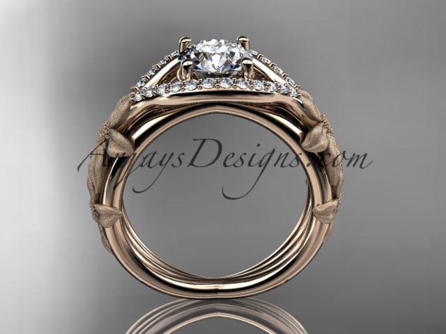 14kt rose gold diamond leaf and vine wedding ring, engagement ring with "Forever One" Moissanite center stone ADLR85 - AnjaysDesigns