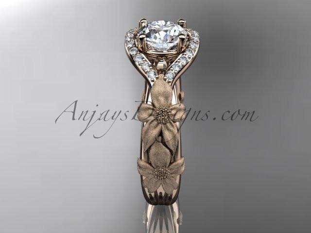 14kt rose gold diamond leaf and vine wedding ring, engagement ring with "Forever One" Moissanite center stone ADLR85 - AnjaysDesigns