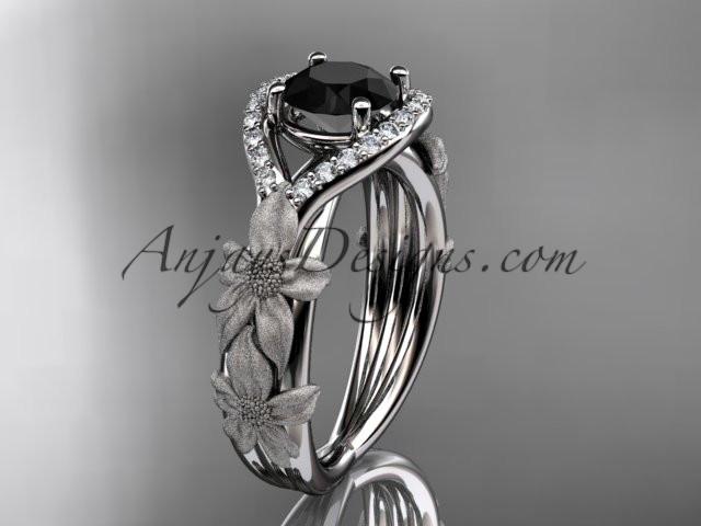 platinum diamond leaf and vine wedding ring, engagement ring with Black Diamond center stone ADLR85 - AnjaysDesigns