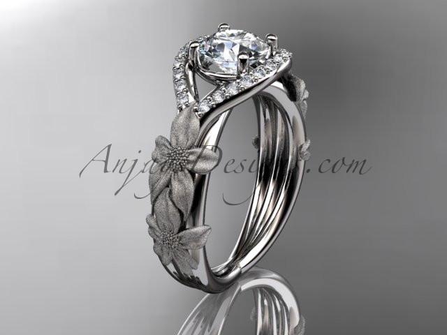 platinum diamond leaf and vine wedding ring, engagement ring with "Forever One" Moissanite center stone ADLR85 - AnjaysDesigns