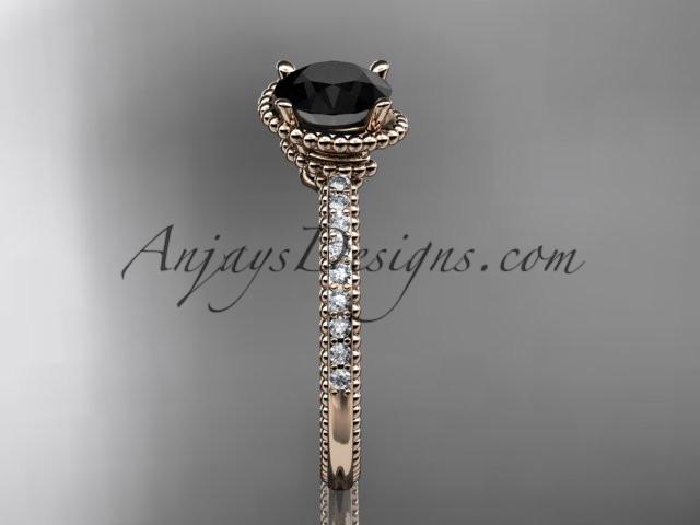 14kt rose gold diamond unique engagement ring, wedding ring with Black Diamond center stone ADER86 - AnjaysDesigns