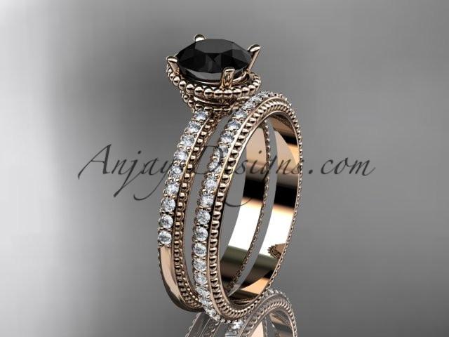 14kt rose gold diamond unique engagement set, wedding ring with Black Diamond center stone ADER86S - AnjaysDesigns