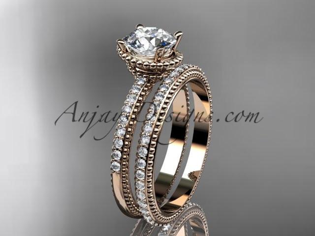 14kt rose gold diamond unique engagement set, wedding ring with "Forever One" Moissanite center stone ADER86S - AnjaysDesigns