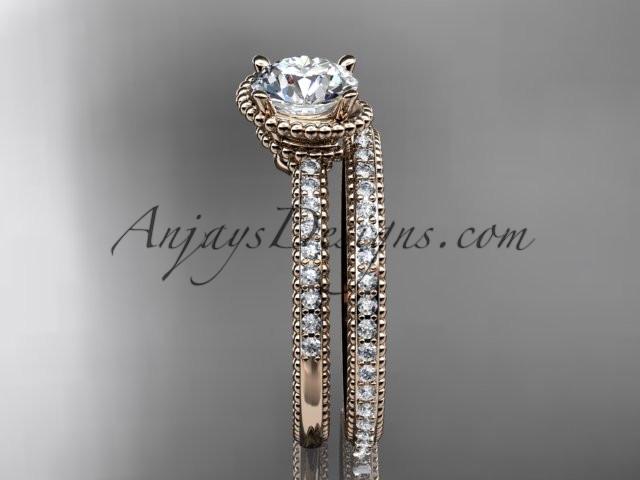 14kt rose gold diamond unique engagement set, wedding ring with "Forever One" Moissanite center stone ADER86S - AnjaysDesigns