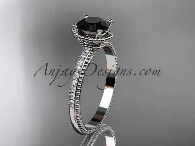 platinum diamond unique engagement ring, wedding ring with Black Diamond center stone ADER86 - AnjaysDesigns