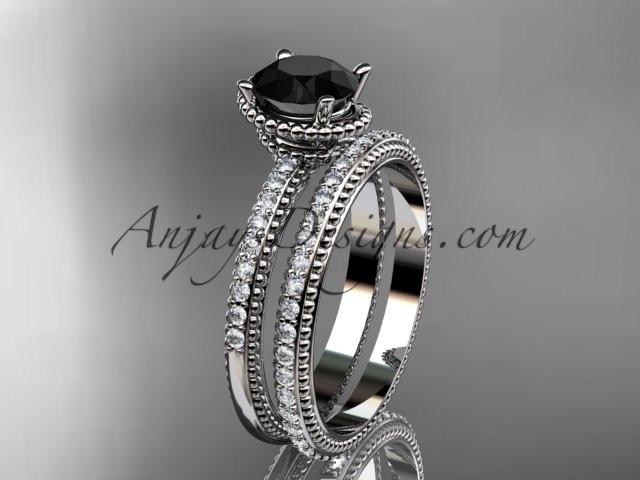 platinum diamond unique engagement set, wedding ring with Black Diamond center stone ADER86S - AnjaysDesigns