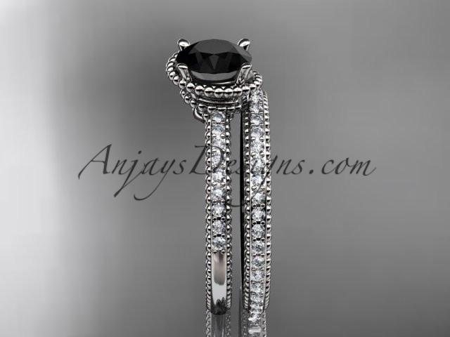 platinum diamond unique engagement set, wedding ring with Black Diamond center stone ADER86S - AnjaysDesigns