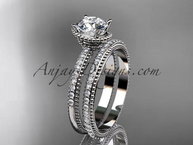 platinum diamond unique engagement set, wedding ring with "Forever One" Moissanite center stone ADER86S - AnjaysDesigns