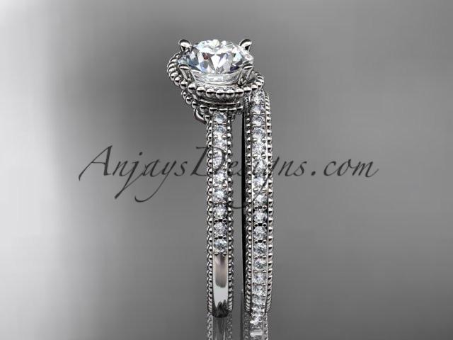 platinum diamond unique engagement set, wedding ring with "Forever One" Moissanite center stone ADER86S - AnjaysDesigns