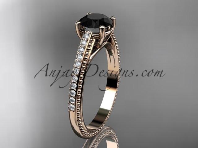 14kt rose gold diamond unique engagement ring, wedding ring with Black Diamond center stone ADER87 - AnjaysDesigns