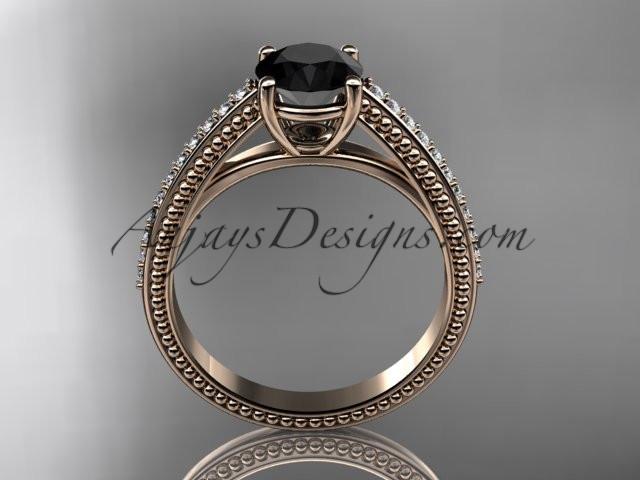 14kt rose gold diamond unique engagement ring, wedding ring with Black Diamond center stone ADER87 - AnjaysDesigns