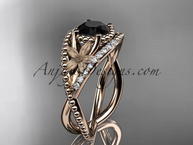 14kt rose gold diamond floral wedding ring, engagement ring with Black Diamond center stone ADLR88 - AnjaysDesigns