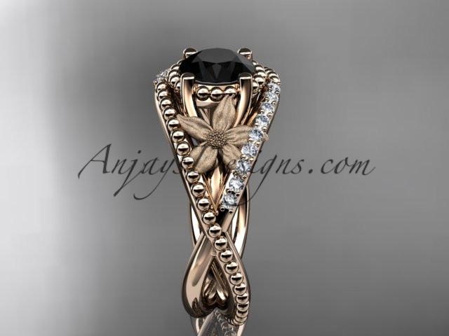 14kt rose gold diamond floral wedding ring, engagement ring with Black Diamond center stone ADLR88 - AnjaysDesigns