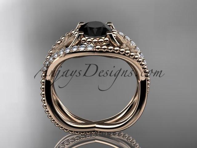 14kt rose gold diamond floral wedding ring, engagement ring with Black Diamond center stone ADLR88 - AnjaysDesigns