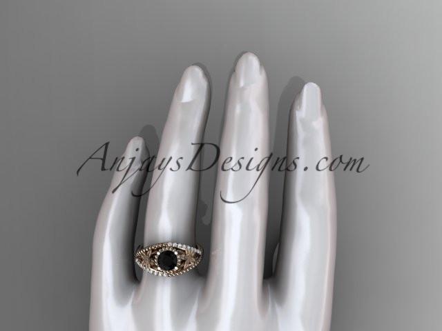 14kt rose gold diamond floral wedding ring, engagement ring with Black Diamond center stone ADLR88 - AnjaysDesigns