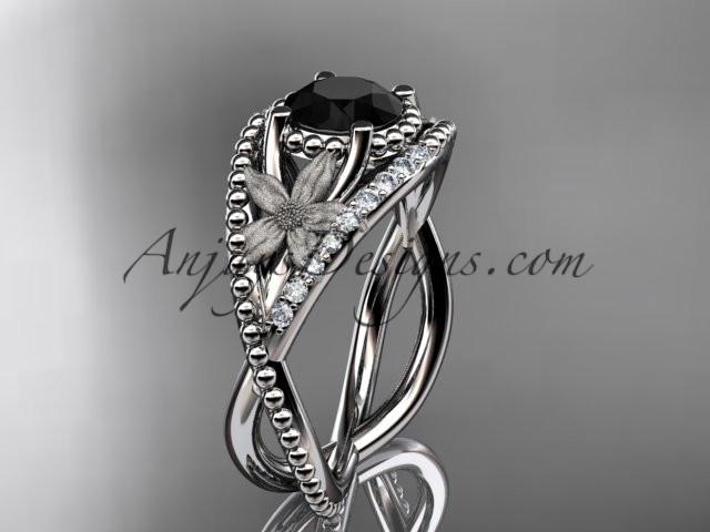14kt white gold diamond floral wedding ring, engagement ring with Black Diamond center stone ADLR88 - AnjaysDesigns