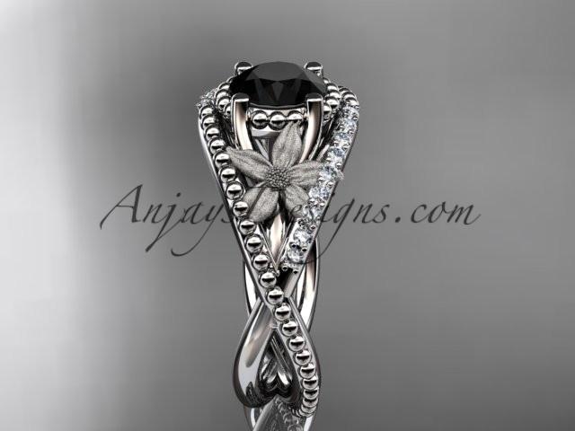 14kt white gold diamond floral wedding ring, engagement ring with Black Diamond center stone ADLR88 - AnjaysDesigns