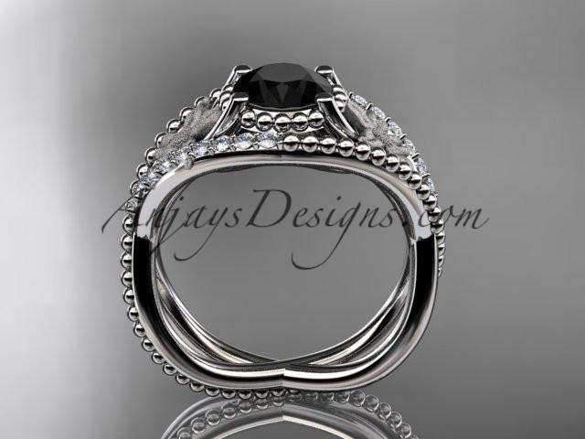 14kt white gold diamond floral wedding ring, engagement ring with Black Diamond center stone ADLR88 - AnjaysDesigns