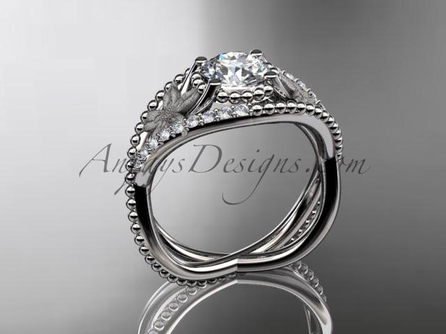 14kt white gold diamond floral wedding ring, engagement ring with "Forever One" Moissanite center stone ADLR88 - AnjaysDesigns