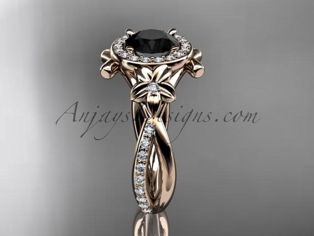 14kt rose gold diamond leaf and vine wedding ring, engagement ring with a  Black Diamond center stone ADLR89 - AnjaysDesigns