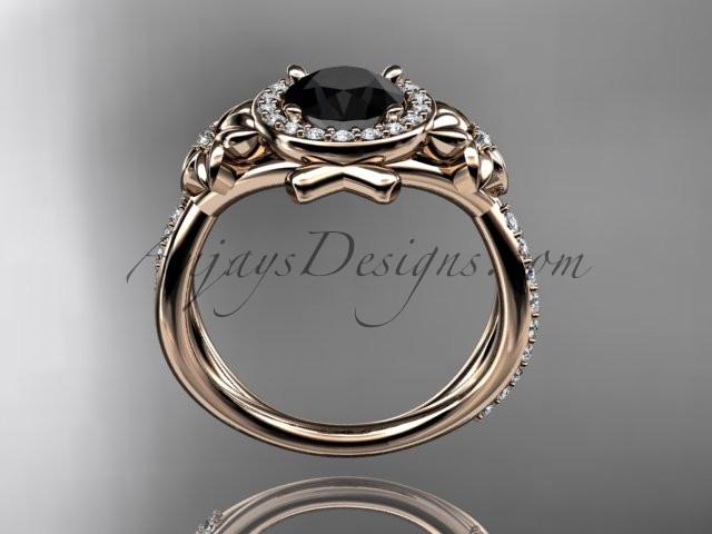 14kt rose gold diamond leaf and vine wedding ring, engagement ring with a  Black Diamond center stone ADLR89 - AnjaysDesigns