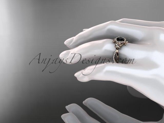 14kt rose gold diamond leaf and vine wedding ring, engagement ring with a  Black Diamond center stone ADLR89 - AnjaysDesigns