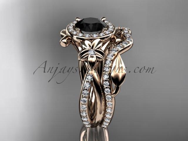 14kt rose gold diamond leaf and vine, flower engagement set, wedding set,  with a Black Diamond center stone ADLR89S - AnjaysDesigns