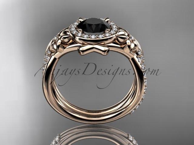 14kt rose gold diamond leaf and vine, flower engagement set, wedding set,  with a Black Diamond center stone ADLR89S - AnjaysDesigns