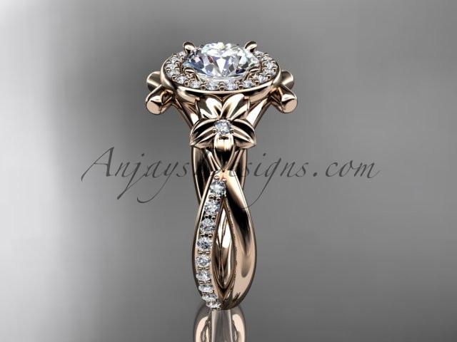 14kt rose gold diamond leaf and vine wedding ring, engagement ring with a "Forever One" Moissanite center stone ADLR89 - AnjaysDesigns