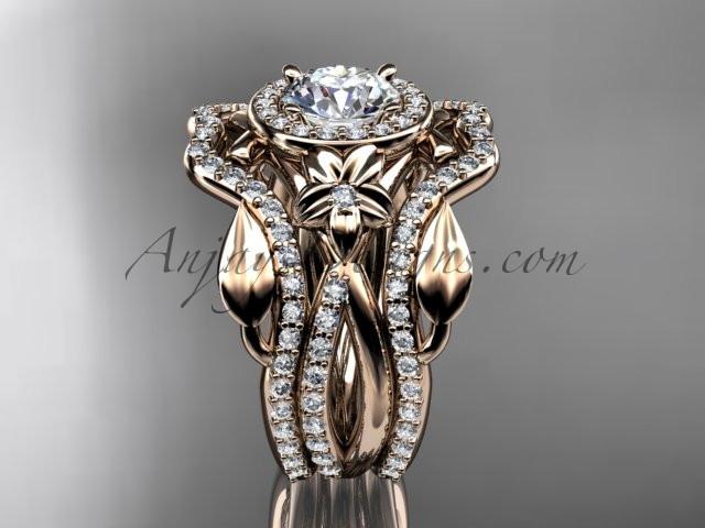 14kt rose gold diamond leaf and vine, flower engagement ring, wedding ring,  with double matching band  ADLR89S - AnjaysDesigns