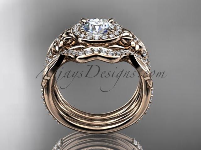 14kt rose gold diamond leaf and vine, flower engagement ring, wedding ring, with "Forever One" Moissanite center stone and double matching band ADLR89S - AnjaysDesigns