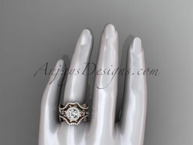 14kt rose gold diamond leaf and vine, flower engagement ring, wedding ring, with "Forever One" Moissanite center stone and double matching band ADLR89S - AnjaysDesigns