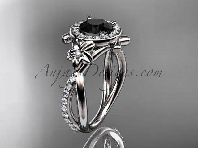 Platinum diamond leaf and vine wedding ring, engagement ring with a  Black Diamond center stone ADLR89 - AnjaysDesigns