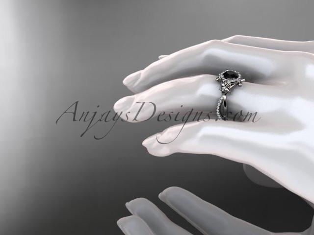 14kt white gold diamond leaf and vine wedding ring, engagement ring with a  Black Diamond center stone ADLR89 - AnjaysDesigns