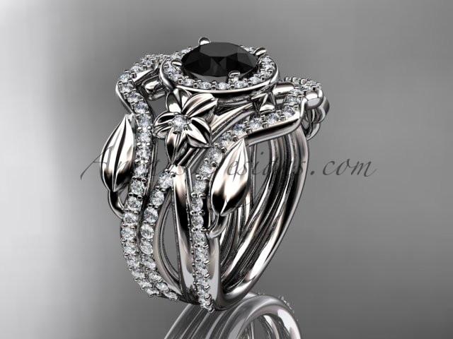 Platinum diamond leaf and vine, flower engagement ring, wedding ring,  with  Black Diamond center stone and double matching band ADLR89S - AnjaysDesigns