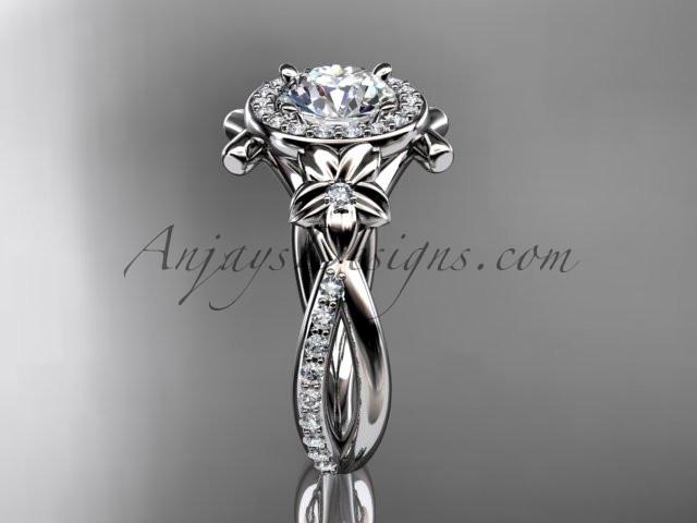 14kt white gold diamond leaf and vine wedding ring, engagement ring with a "Forever One" Moissanite center stone ADLR89 - AnjaysDesigns