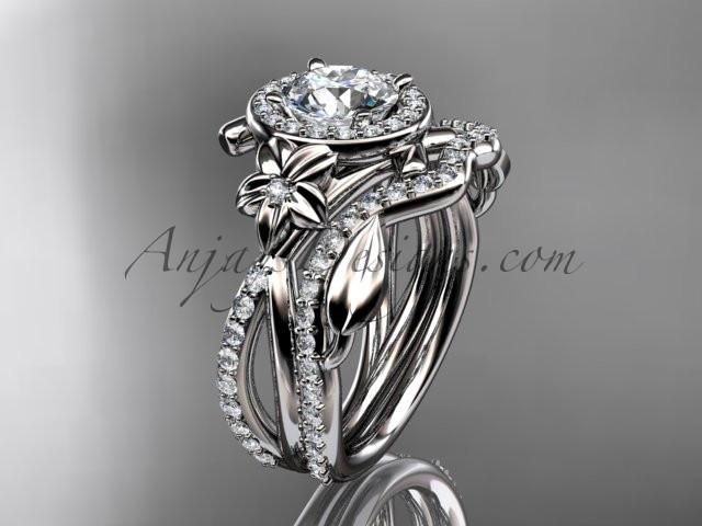 Platinum diamond leaf and vine, flower engagement set, wedding set, with a "Forever One" Moissanite center stone ADLR89S - AnjaysDesigns