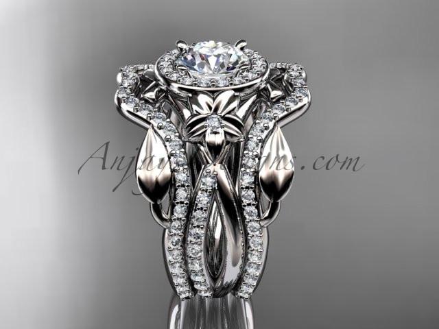 Platinum diamond leaf and vine, flower engagement ring, wedding ring, with "Forever One" Moissanite center stone and double matching band ADLR89S - AnjaysDesigns