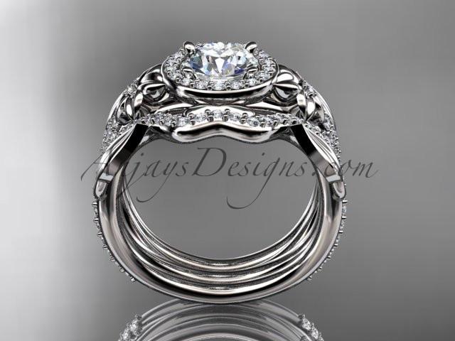 Platinum diamond leaf and vine, flower engagement ring, wedding ring, with "Forever One" Moissanite center stone and double matching band ADLR89S - AnjaysDesigns