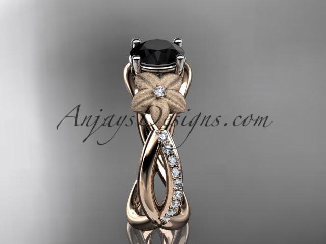 14kt rose gold diamond leaf and vine wedding ring, engagement ring with a Black Diamond stone ADLR90 - AnjaysDesigns