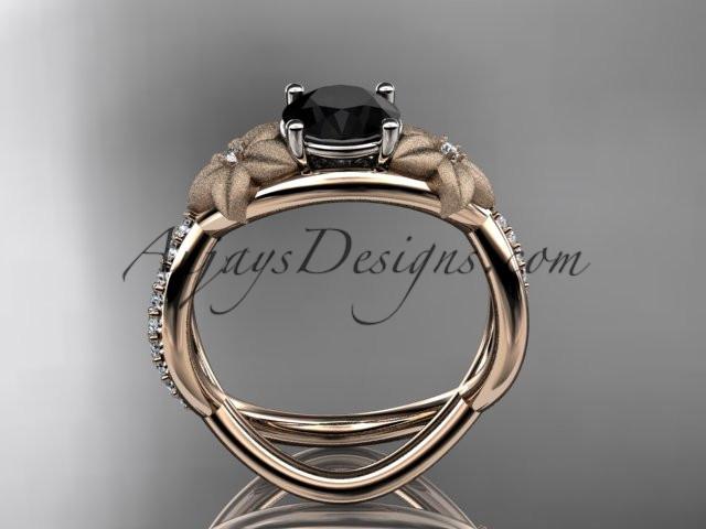 14kt rose gold diamond leaf and vine wedding ring, engagement ring with a Black Diamond stone ADLR90 - AnjaysDesigns