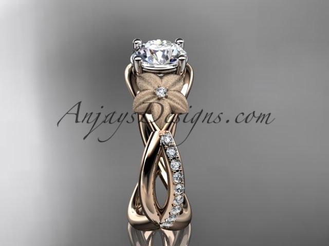14kt rose gold diamond leaf and vine wedding ring, engagement ring with a "Forever One" Moissanite center stone ADLR90 - AnjaysDesigns