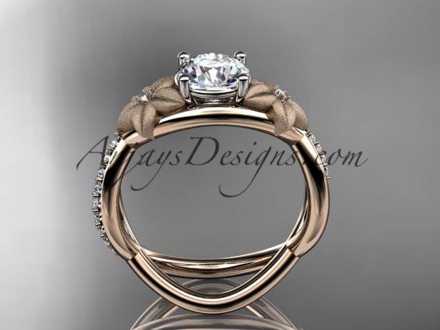 14kt rose gold diamond leaf and vine wedding ring, engagement ring with a "Forever One" Moissanite center stone ADLR90 - AnjaysDesigns