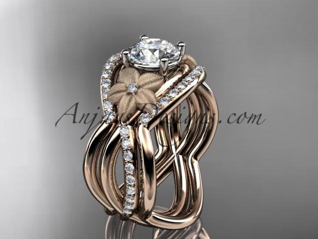 14kt rose gold diamond leaf and vine wedding ring, engagement ring with double matching band ADLR90S - AnjaysDesigns
