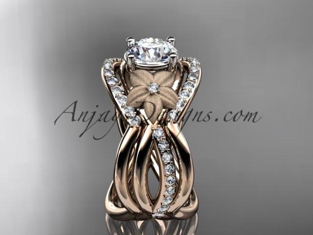 14kt rose gold diamond leaf and vine wedding ring, engagement ring with "Forever One" Moissanite center stone and double matching band ADLR90S - AnjaysDesigns