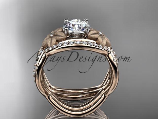 14kt rose gold diamond leaf and vine wedding ring, engagement ring with "Forever One" Moissanite center stone and double matching band ADLR90S - AnjaysDesigns