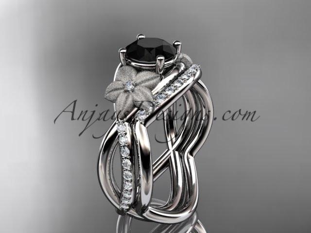 platinum diamond leaf and vine wedding ring, engagement set with a Black Diamond center stone ADLR90S - AnjaysDesigns