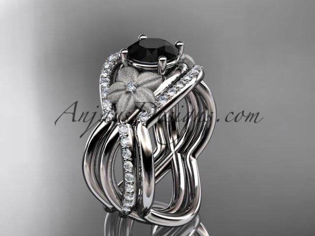 14kt white gold diamond leaf and vine wedding ring, engagement ring with Black Diamond center stone and double matching band ADLR90S - AnjaysDesigns