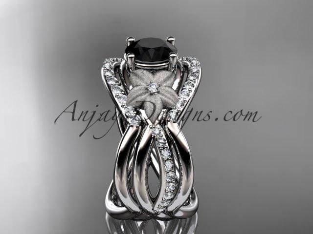 platinum diamond leaf and vine wedding ring, engagement ring with Black Diamond center stone and double matching band ADLR90S - AnjaysDesigns